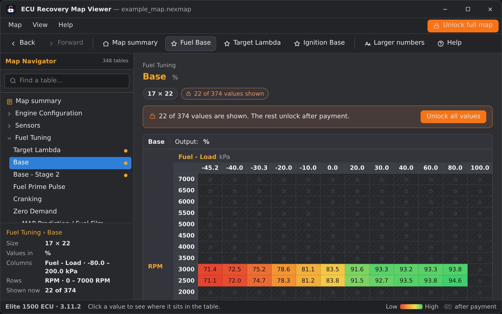 The ECU Recovery map viewer with a Haltech fuel table: a few real values shown, the other cells locked until payment